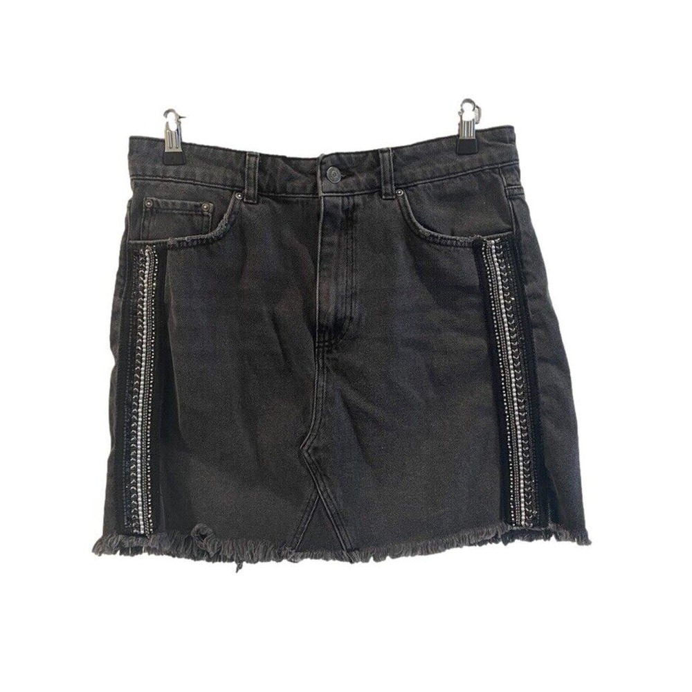 Free People Skirt Womens Size 12 Black Denim Embellished Strip Mini Raw Hem